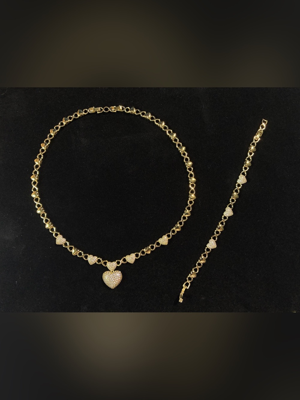 Gold Pavé Heart Necklace and Bracelet Set - Women's Jewelry
